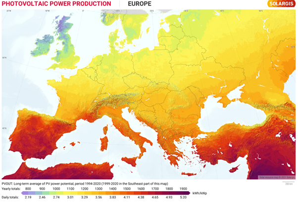 mapa slunenho svitu v Evrop